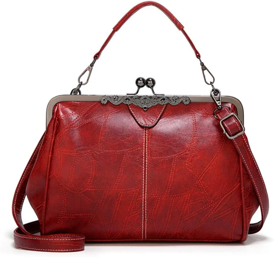 Segater Women Retro Hollow Oil Wax PU Leather Handbag Kiss Lock Crossbody Purse Vintage Messenger Bag Tote