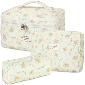 senbowe Floral Makeup Bag, 3 Pack Large Cotton Quilted Makeup Bag Set, Cute Floral Coquette Aesthetic Toiletry Bag Make Up Cosmetic Bag for Women, Toiletry Travel Make Up Organizer Bag