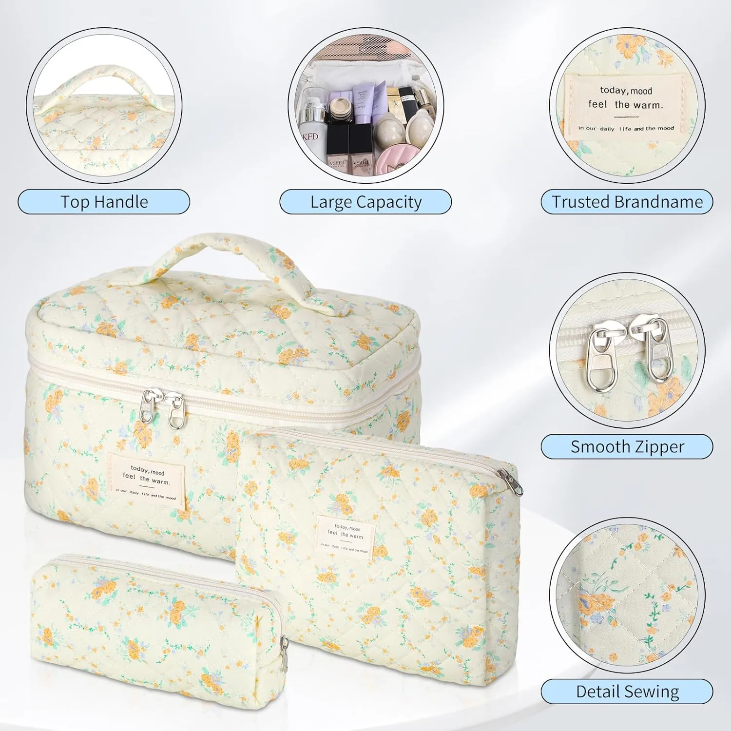 senbowe Floral Makeup Bag, 3 Pack Large Cotton Quilted Makeup Bag Set, Cute Floral Coquette Aesthetic Toiletry Bag Make Up Cosmetic Bag for Women, Toiletry Travel Make Up Organizer Bag