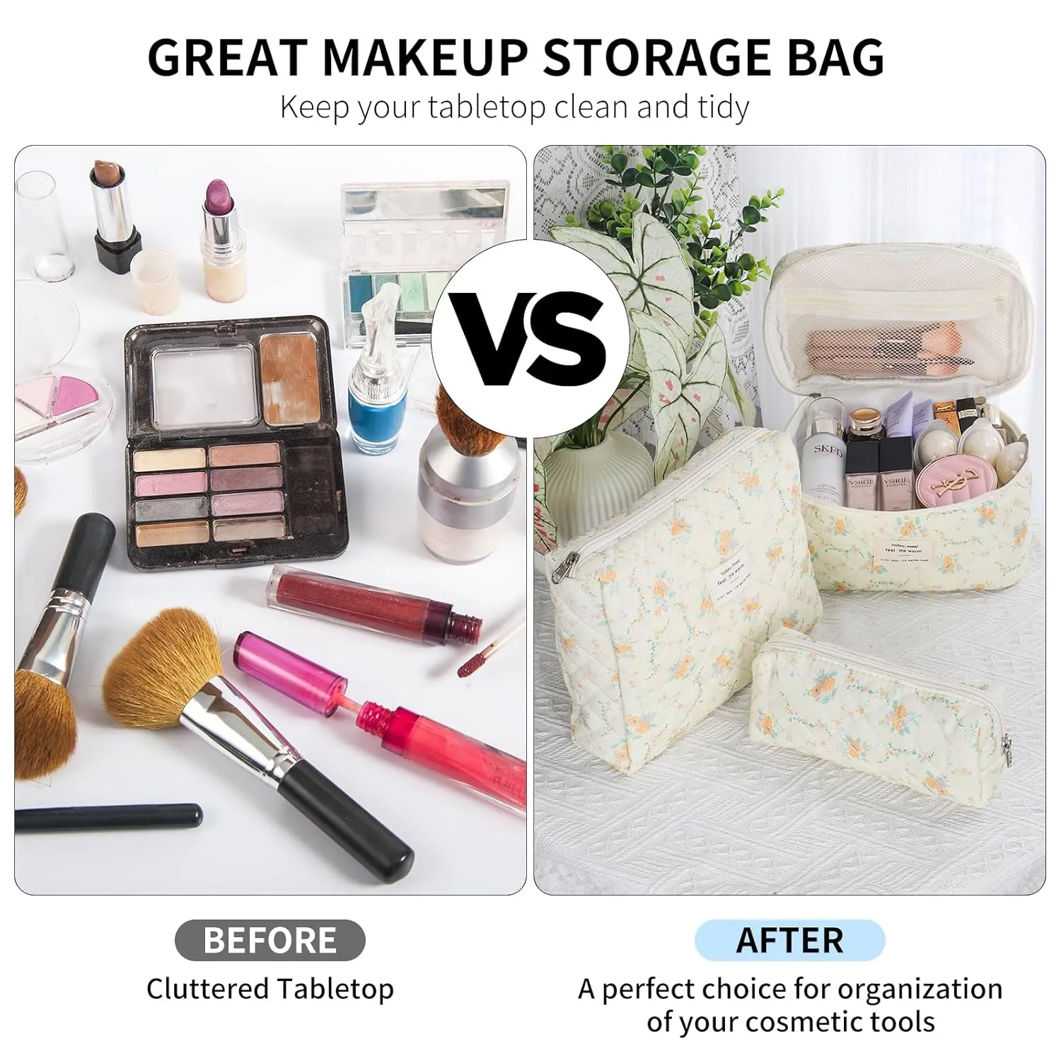 senbowe Floral Makeup Bag, 3 Pack Large Cotton Quilted Makeup Bag Set, Cute Floral Coquette Aesthetic Toiletry Bag Make Up Cosmetic Bag for Women, Toiletry Travel Make Up Organizer Bag