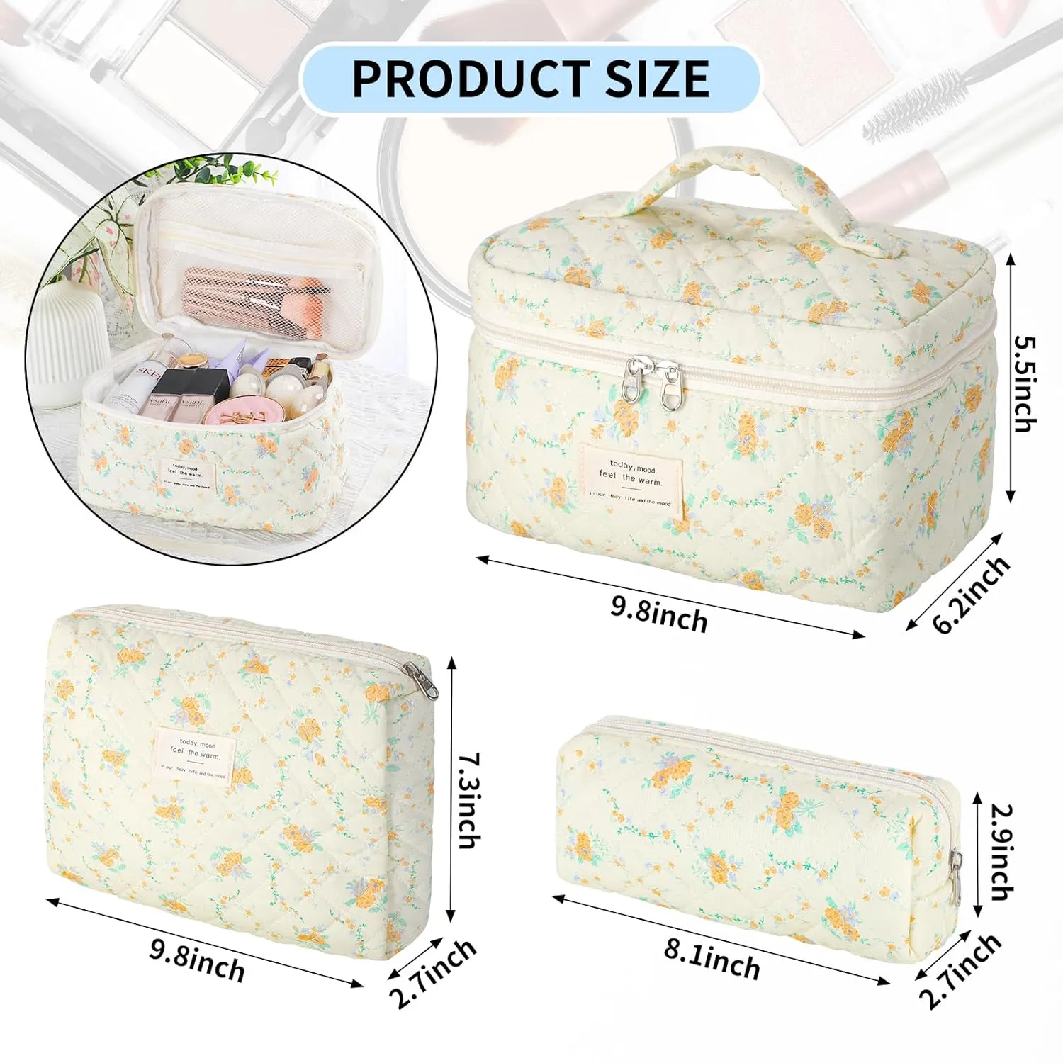 senbowe Floral Makeup Bag, 3 Pack Large Cotton Quilted Makeup Bag Set, Cute Floral Coquette Aesthetic Toiletry Bag Make Up Cosmetic Bag for Women, Toiletry Travel Make Up Organizer Bag