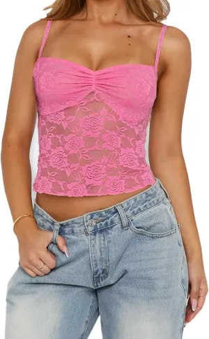 Sexy Y2k Lace Tops for Women Going Out Crop Tank Top Spaghetti Strap Mesh See Through Camisole Slim Fit Club Shirts