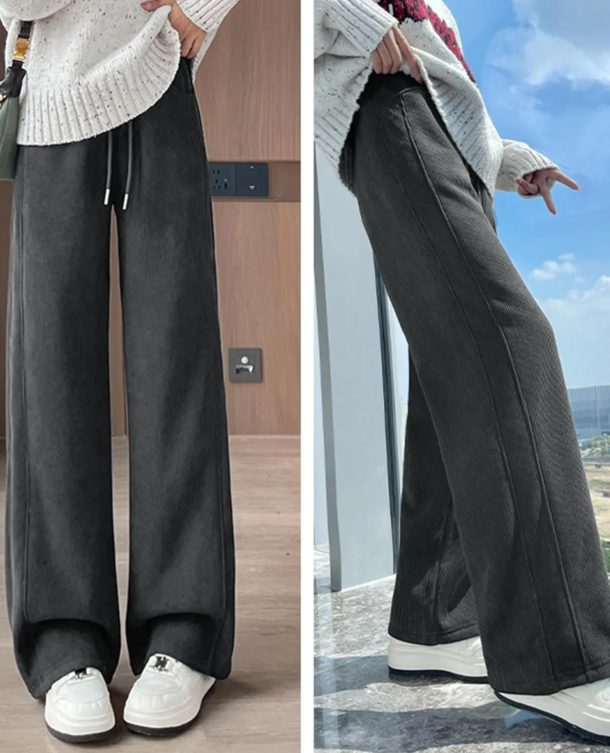 Sherpa Lined Fleece Sweatpants Women Baggy Wide Leg Lounge Pants Loose Stretchy Casual Pants