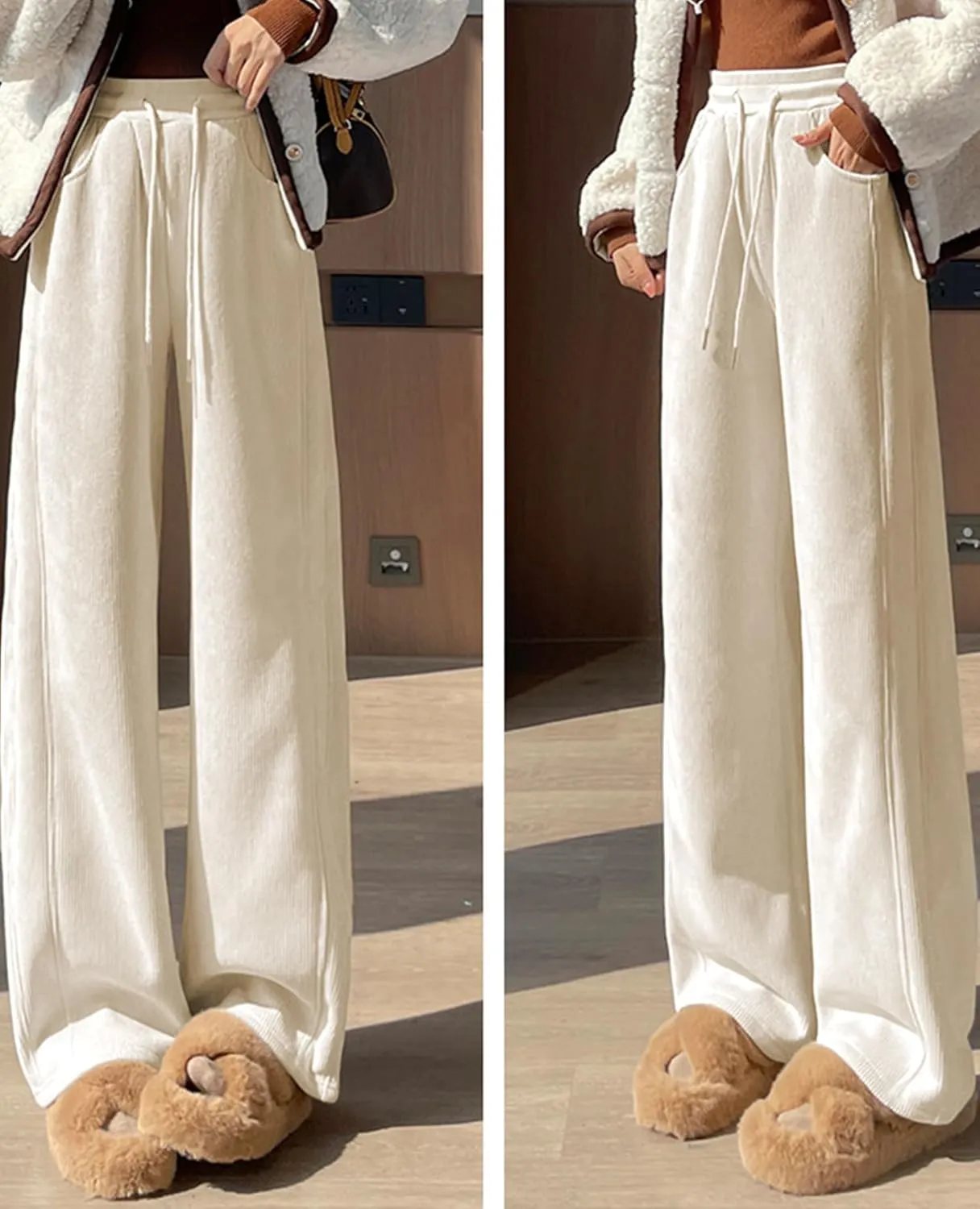 Sherpa Lined Fleece Sweatpants Women Baggy Wide Leg Lounge Pants Loose Stretchy Casual Pants