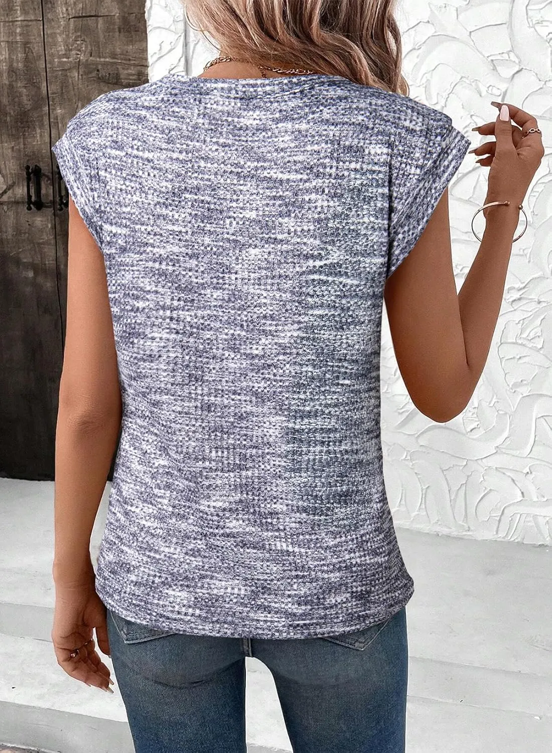 SHEWIN Summer Tops for Women Casual Crew Neck Waffle Knit Cap Sleeve Shirts Loose Fit Blouses Top