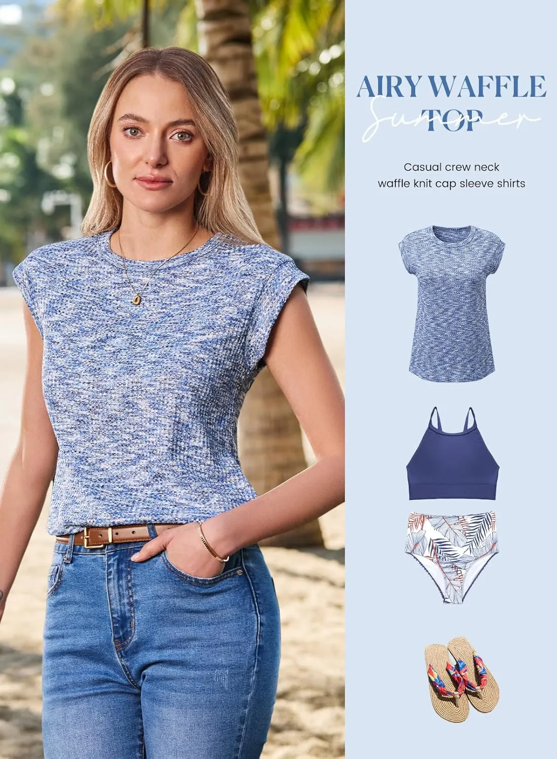 SHEWIN Summer Tops for Women Casual Crew Neck Waffle Knit Cap Sleeve Shirts Loose Fit Blouses Top