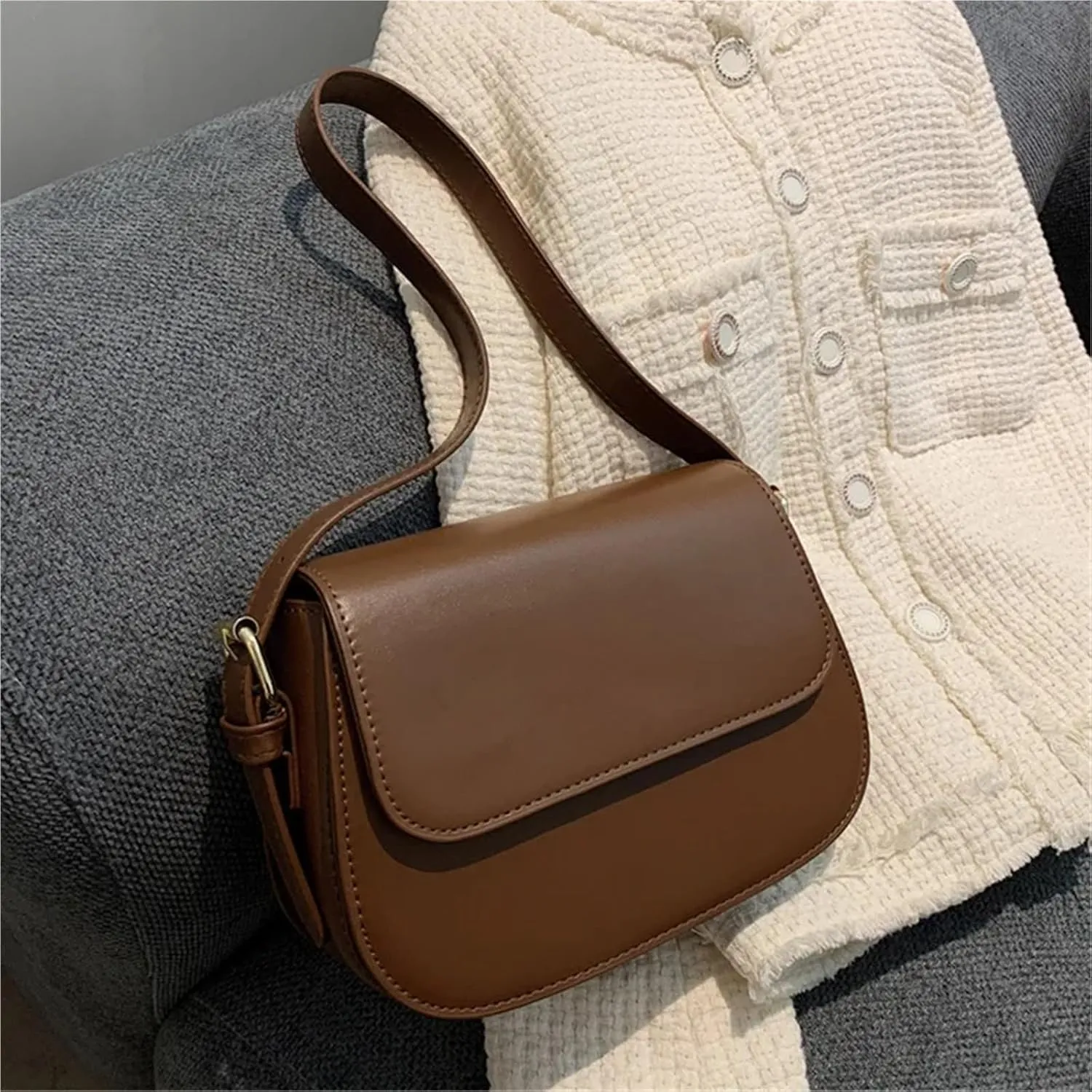 Simplicity Trendy Saddle Shoulder Bag Women PU Leather Crossbody Bag Simple Solid Color Flap Messenger