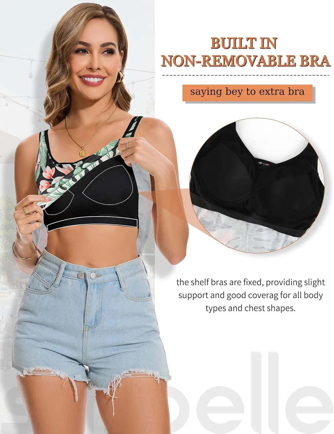 SLIMBELLE Tank Top with Built in Bra for Women Cami Adjustable Straps Pleat Back V Neck Camisole Summer Tops S-3XL