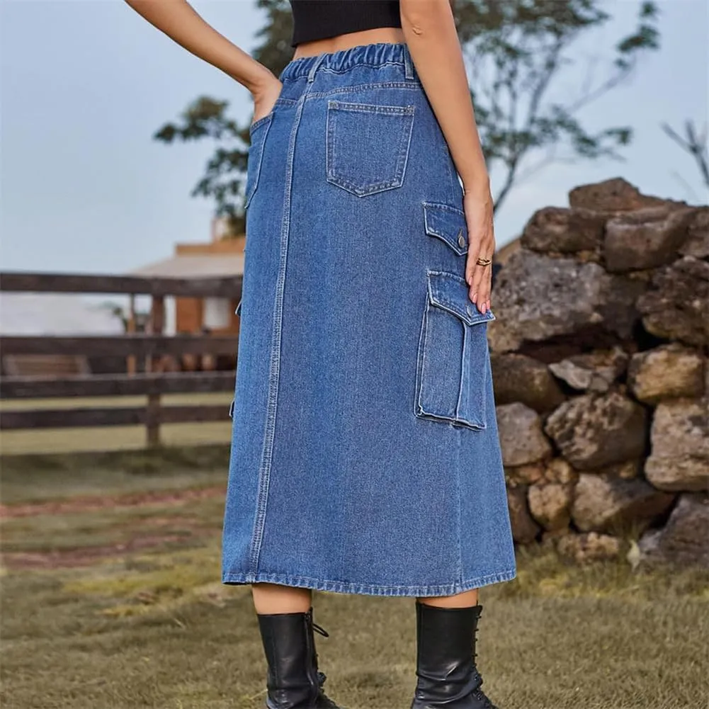 Slit Front Midi Denim Skirt with Pockets, Women's Casual Slim Fit Pencil Skirt, A-Line High Waisted Slit Cargo Jean Skirt