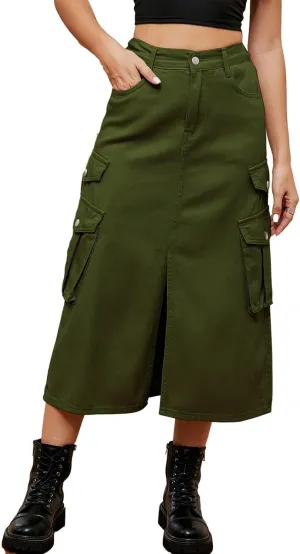 Slit Front Midi Denim Skirt with Pockets, Women's Casual Slim Fit Pencil Skirt, A-Line High Waisted Slit Cargo Jean Skirt