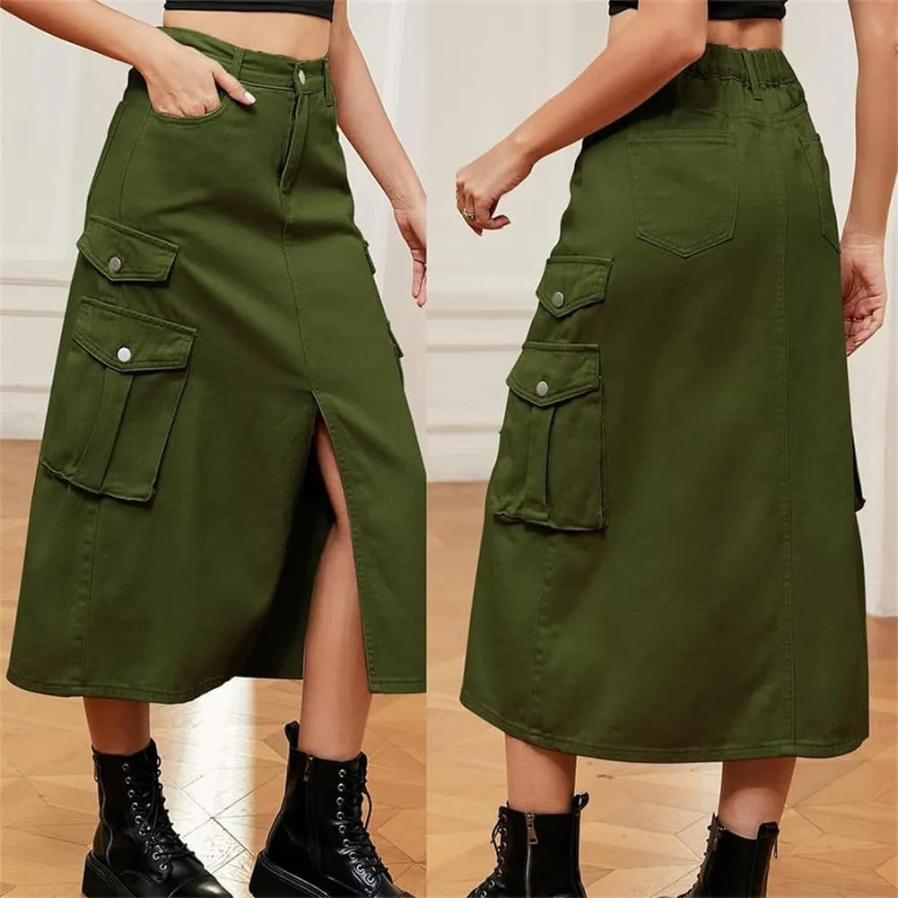 Slit Front Midi Denim Skirt with Pockets, Women's Casual Slim Fit Pencil Skirt, A-Line High Waisted Slit Cargo Jean Skirt