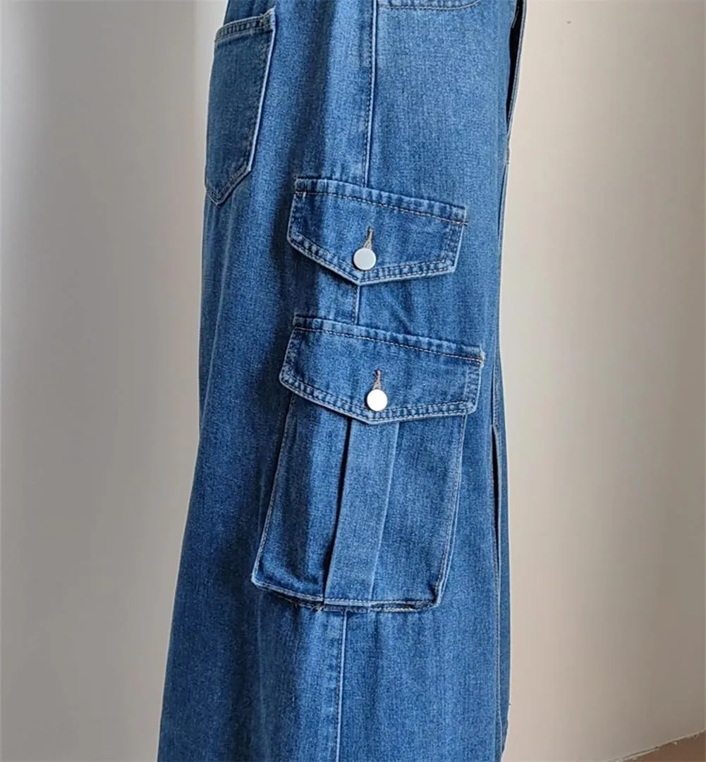 Slit Front Midi Denim Skirt with Pockets, Women's Casual Slim Fit Pencil Skirt, A-Line High Waisted Slit Cargo Jean Skirt