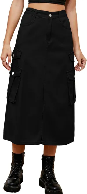 Slit Front Midi Denim Skirt with Pockets, Women's Casual Slim Fit Pencil Skirt, A-Line High Waisted Slit Cargo Jean Skirt