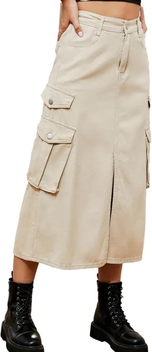Slit Front Midi Denim Skirt with Pockets, Women's Casual Slim Fit Pencil Skirt, A-Line High Waisted Slit Cargo Jean Skirt
