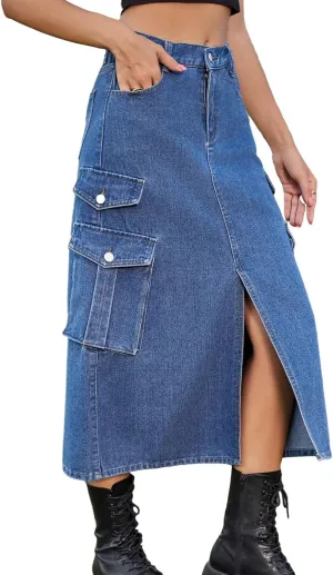 Slit Front Midi Denim Skirt with Pockets, Women's Casual Slim Fit Pencil Skirt, A-Line High Waisted Slit Cargo Jean Skirt