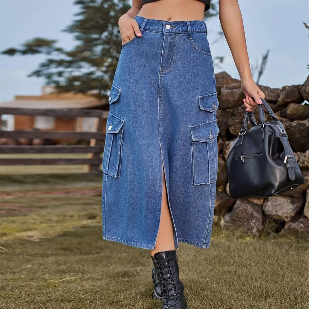 Slit Front Midi Denim Skirt with Pockets, Women's Casual Slim Fit Pencil Skirt, A-Line High Waisted Slit Cargo Jean Skirt