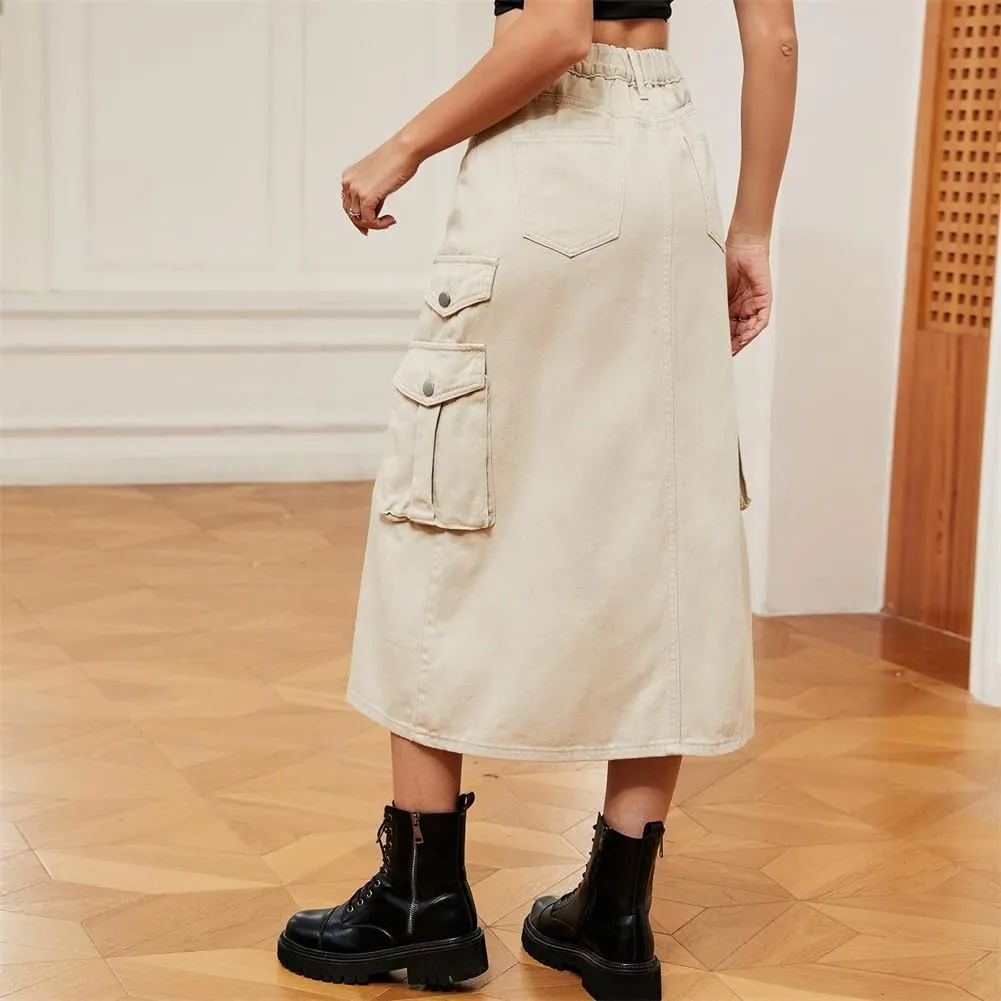 Slit Front Midi Denim Skirt with Pockets, Women's Casual Slim Fit Pencil Skirt, A-Line High Waisted Slit Cargo Jean Skirt