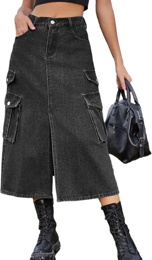 Slit Front Midi Denim Skirt with Pockets, Women's Casual Slim Fit Pencil Skirt, A-Line High Waisted Slit Cargo Jean Skirt