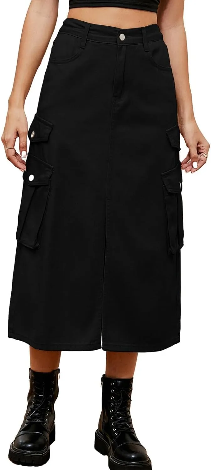 Slit Front Midi Denim Skirt with Pockets, Women's Casual Slim Fit Pencil Skirt, A-Line High Waisted Slit Cargo Jean Skirt