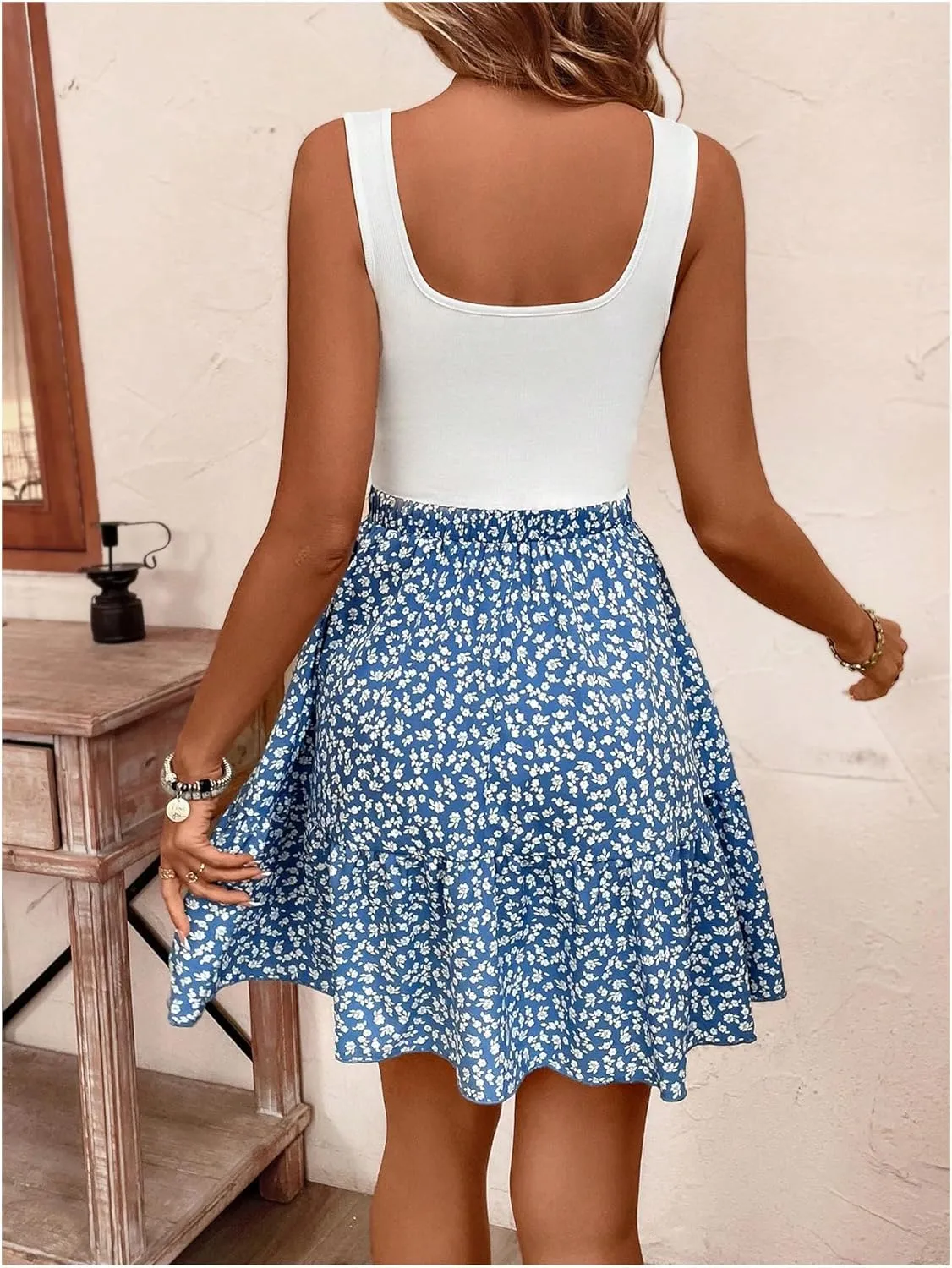 SOLY HUX Summer Dresses for Women Floral Print Square Neck Sleeveless A Line Ruffle Hem Flowy Short Dress