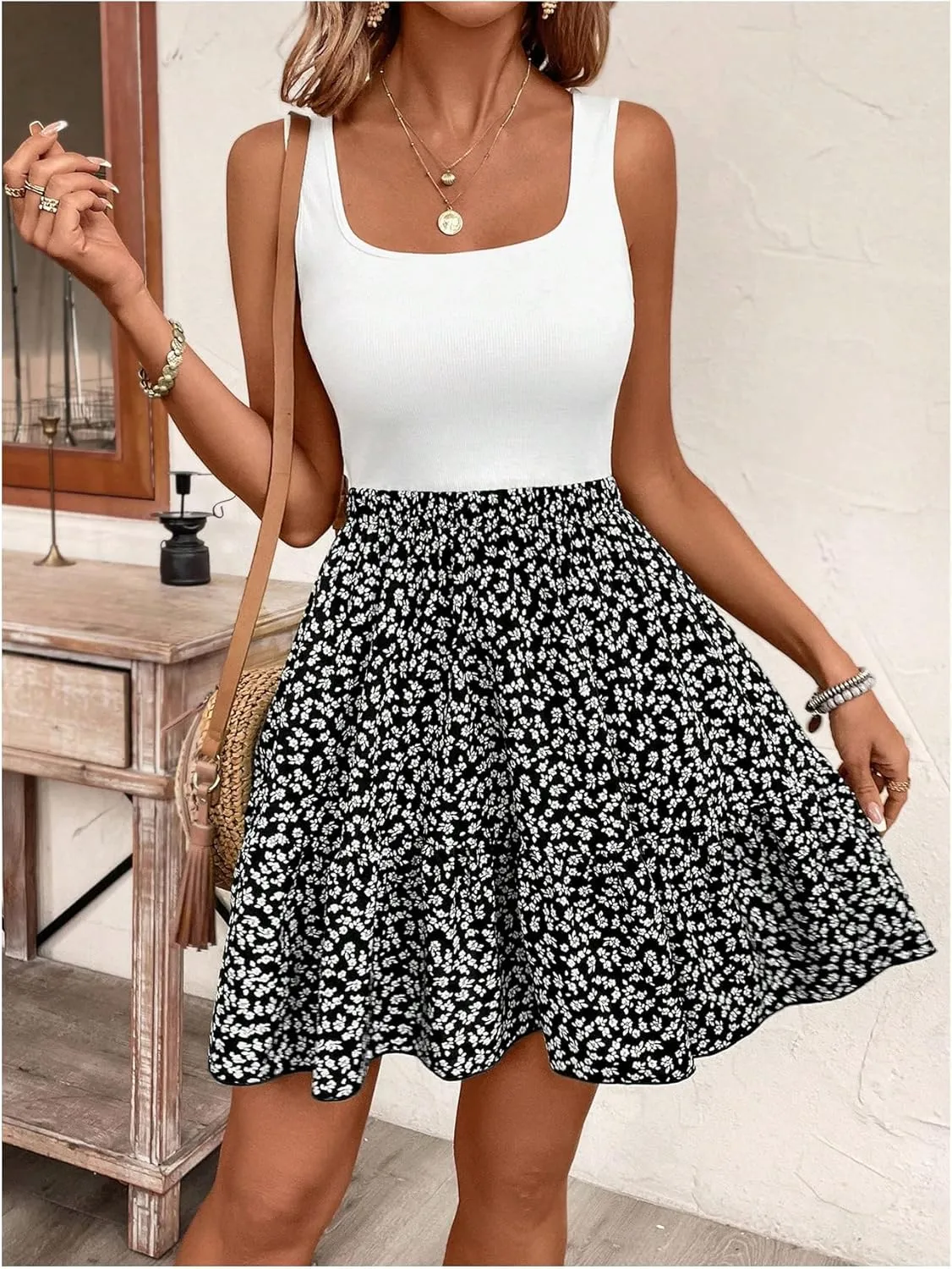 SOLY HUX Summer Dresses for Women Floral Print Square Neck Sleeveless A Line Ruffle Hem Flowy Short Dress