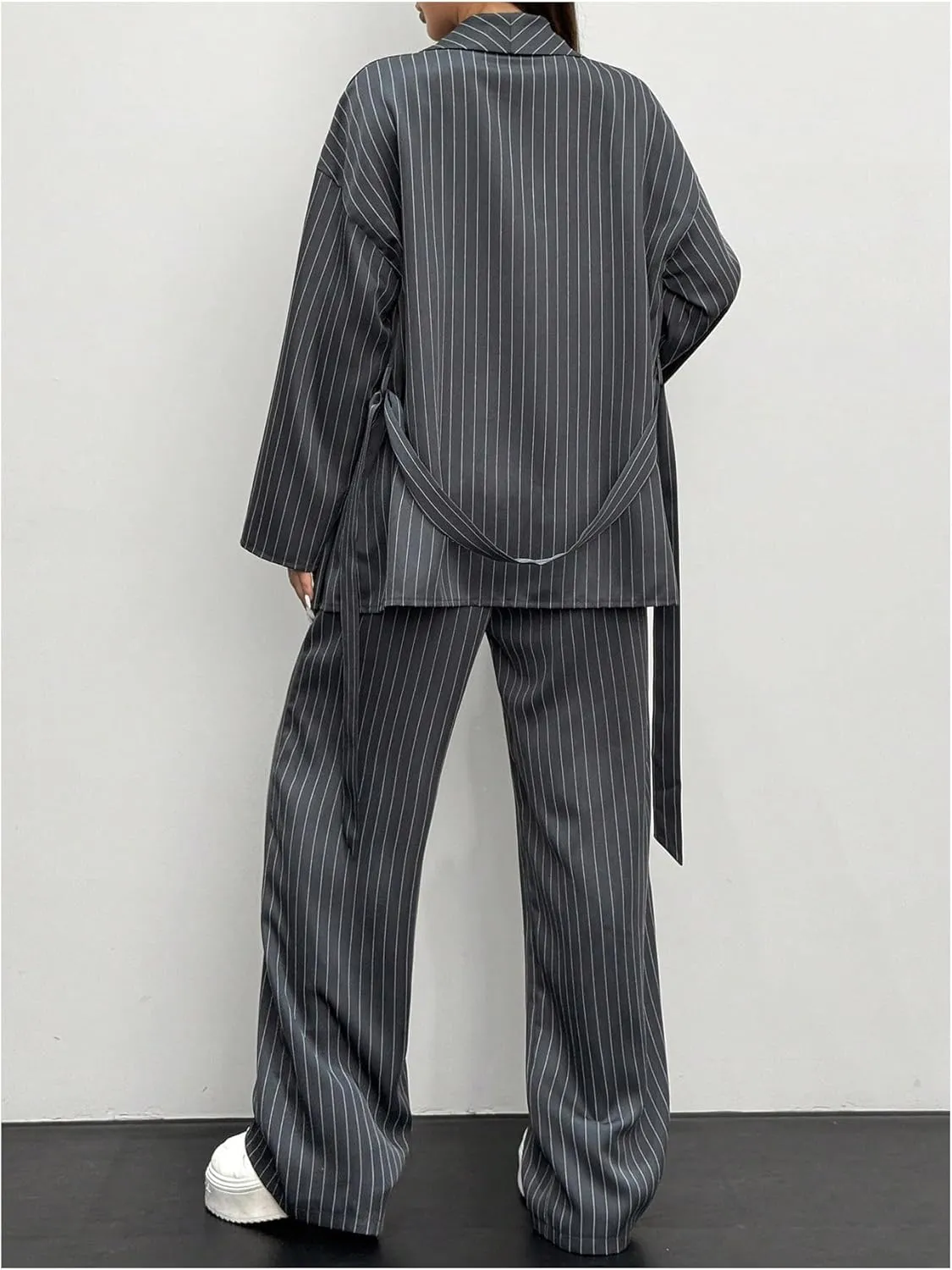 SOLY HUX Women's 2 Piece Business Casual Outfit Striped Open Front Long Sleeve Belted Blazer and Pants Set