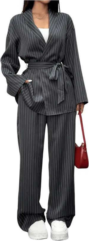 SOLY HUX Women's 2 Piece Business Casual Outfit Striped Open Front Long Sleeve Belted Blazer and Pants Set