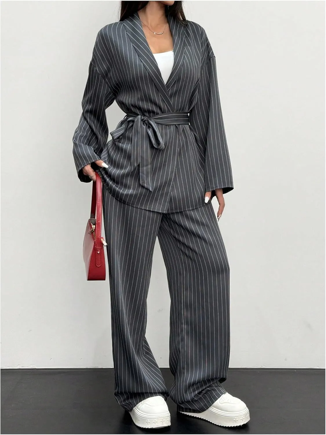 SOLY HUX Women's 2 Piece Business Casual Outfit Striped Open Front Long Sleeve Belted Blazer and Pants Set