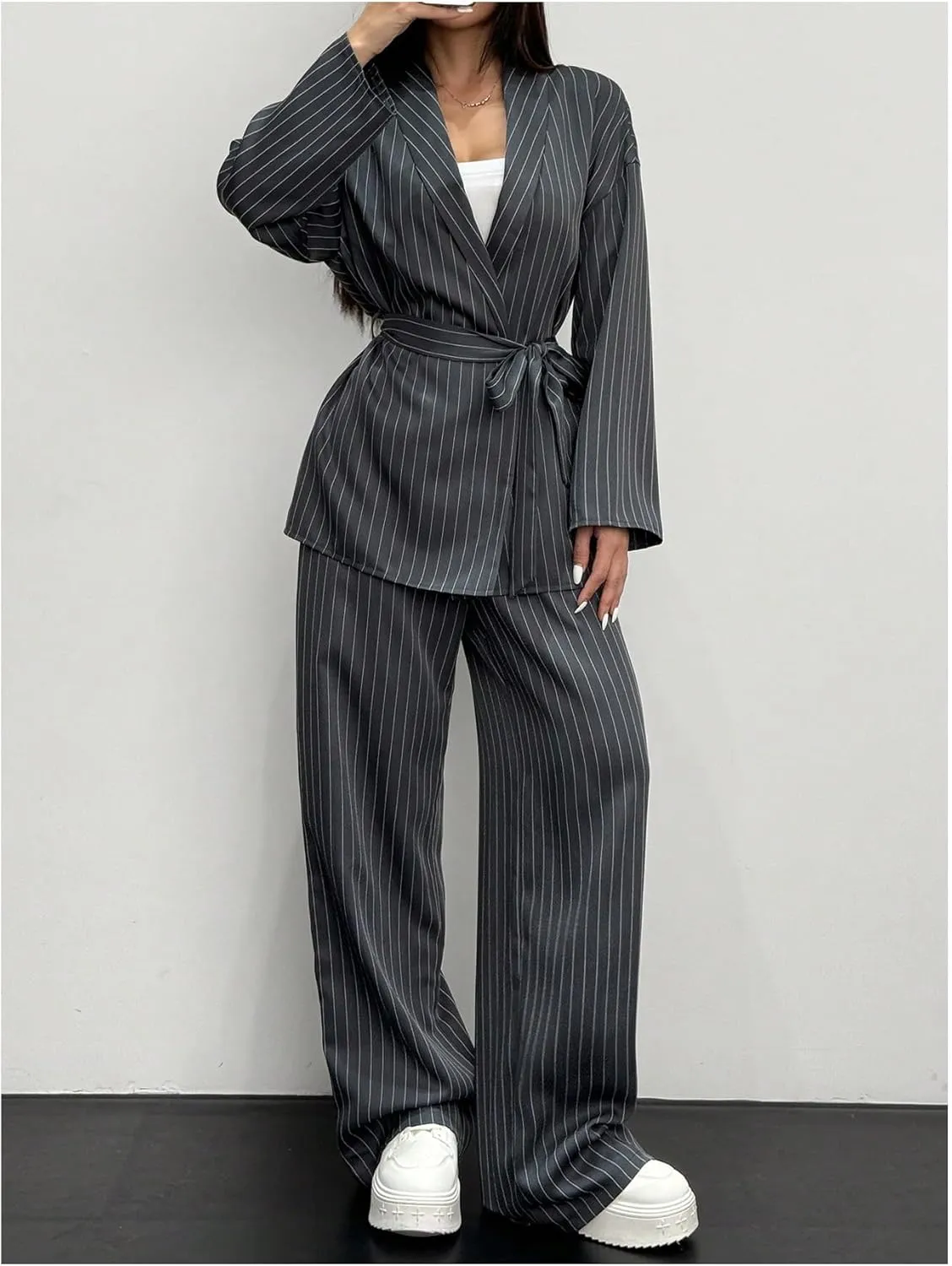 SOLY HUX Women's 2 Piece Business Casual Outfit Striped Open Front Long Sleeve Belted Blazer and Pants Set