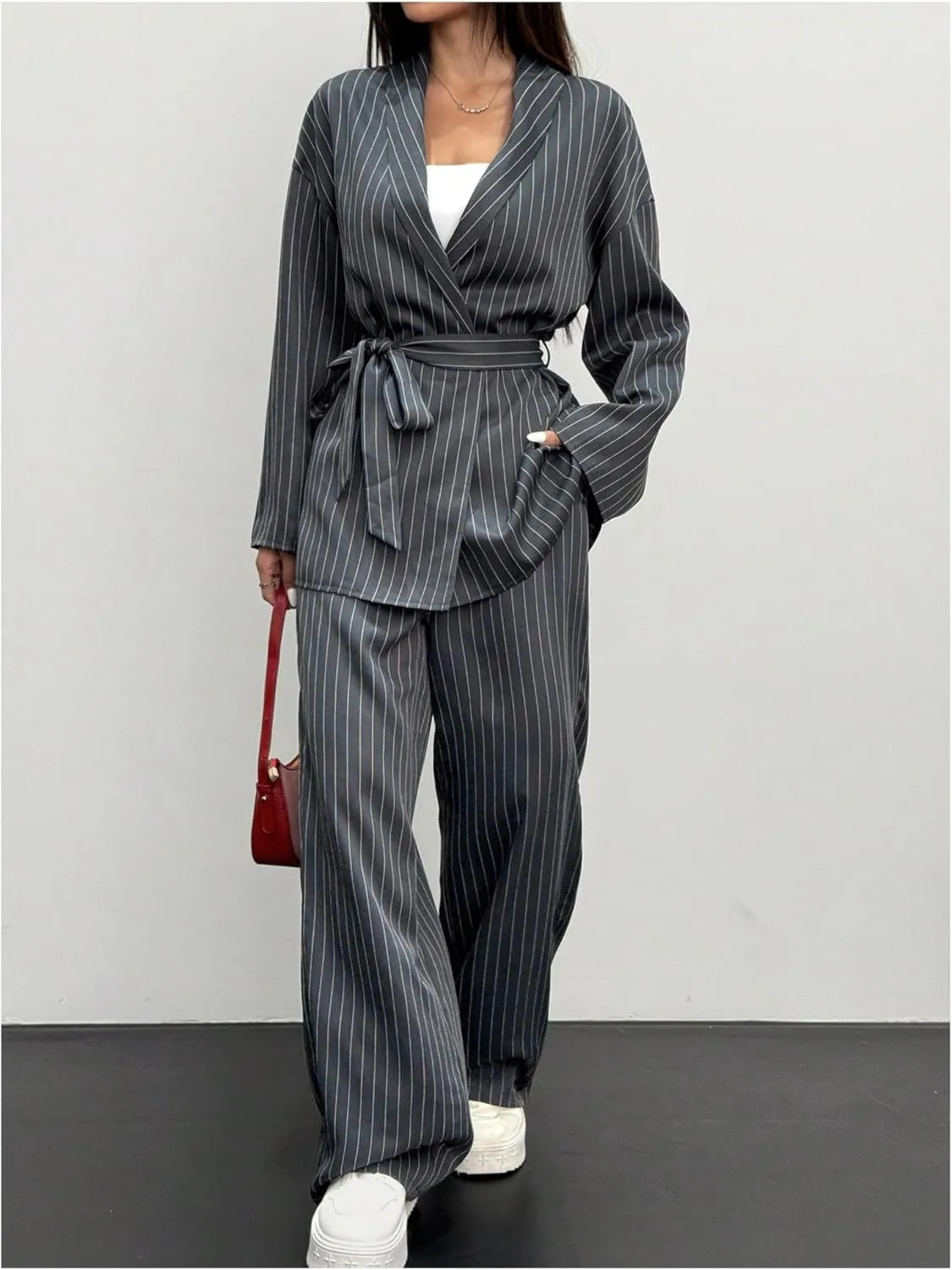 SOLY HUX Women's 2 Piece Business Casual Outfit Striped Open Front Long Sleeve Belted Blazer and Pants Set