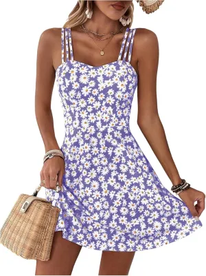 SOLY HUX Women's Floral Print Cami Dress Spaghetti Strap A Line Flowy Summer Mini Dresses Sundress