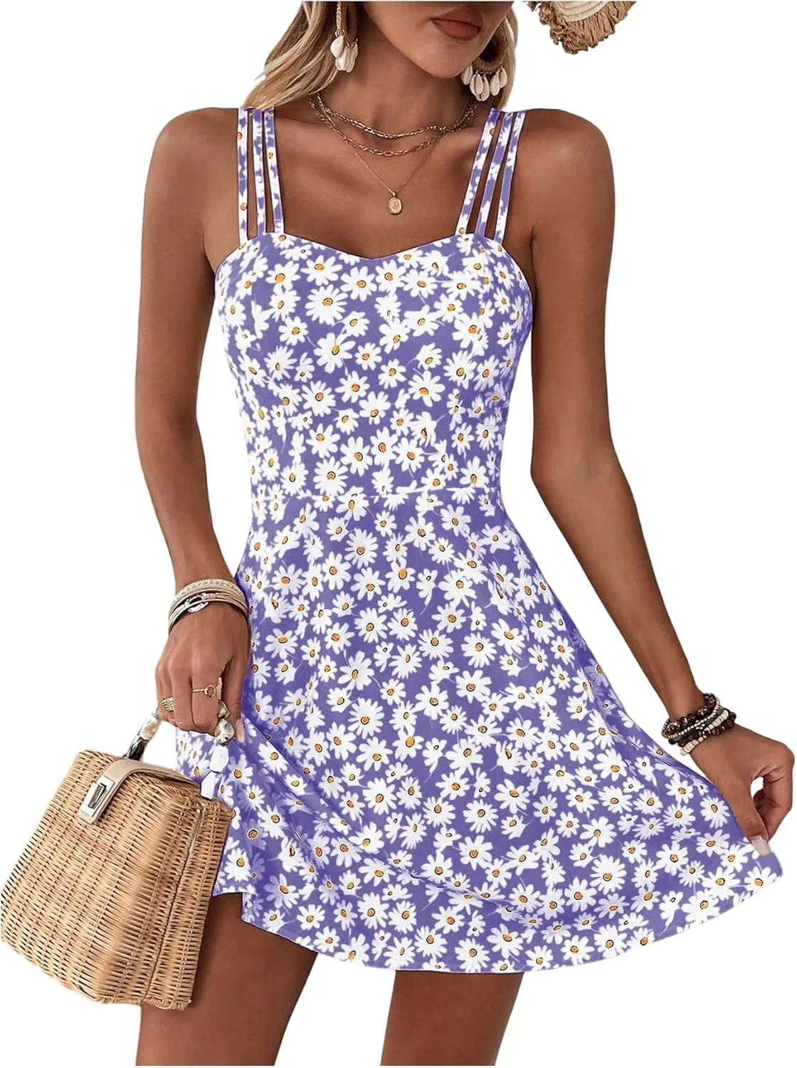 SOLY HUX Women's Floral Print Cami Dress Spaghetti Strap A Line Flowy Summer Mini Dresses Sundress