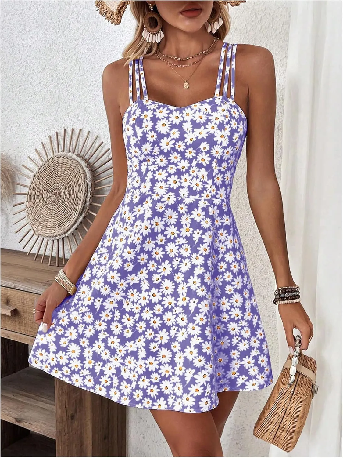 SOLY HUX Women's Floral Print Cami Dress Spaghetti Strap A Line Flowy Summer Mini Dresses Sundress