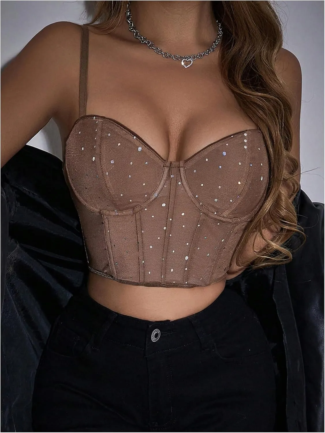 SOLY HUX Women's Rhinestone Sparkly Camisole Tops Meh Sheer Spaghetti Strap Party Club Crop Tops