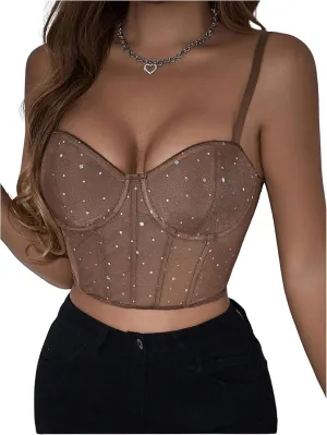 SOLY HUX Women's Rhinestone Sparkly Camisole Tops Meh Sheer Spaghetti Strap Party Club Crop Tops