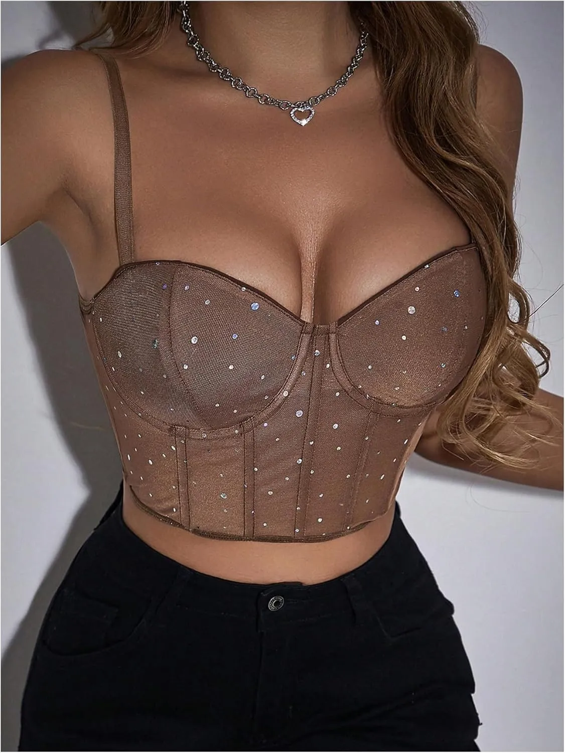 SOLY HUX Women's Rhinestone Sparkly Camisole Tops Meh Sheer Spaghetti Strap Party Club Crop Tops