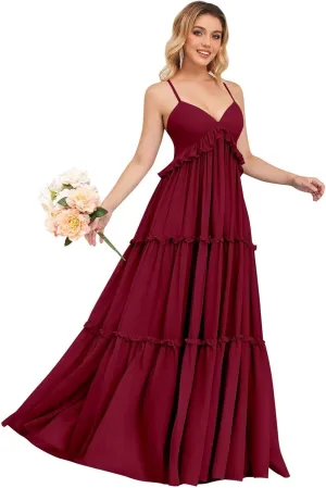 Spaghetti Strap Bridesmaid Dresses for Women Beach Wedding Long Ruffle Boho Formal Evening Dress
