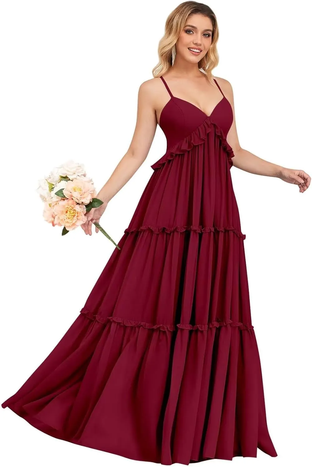 Spaghetti Strap Bridesmaid Dresses for Women Beach Wedding Long Ruffle Boho Formal Evening Dress