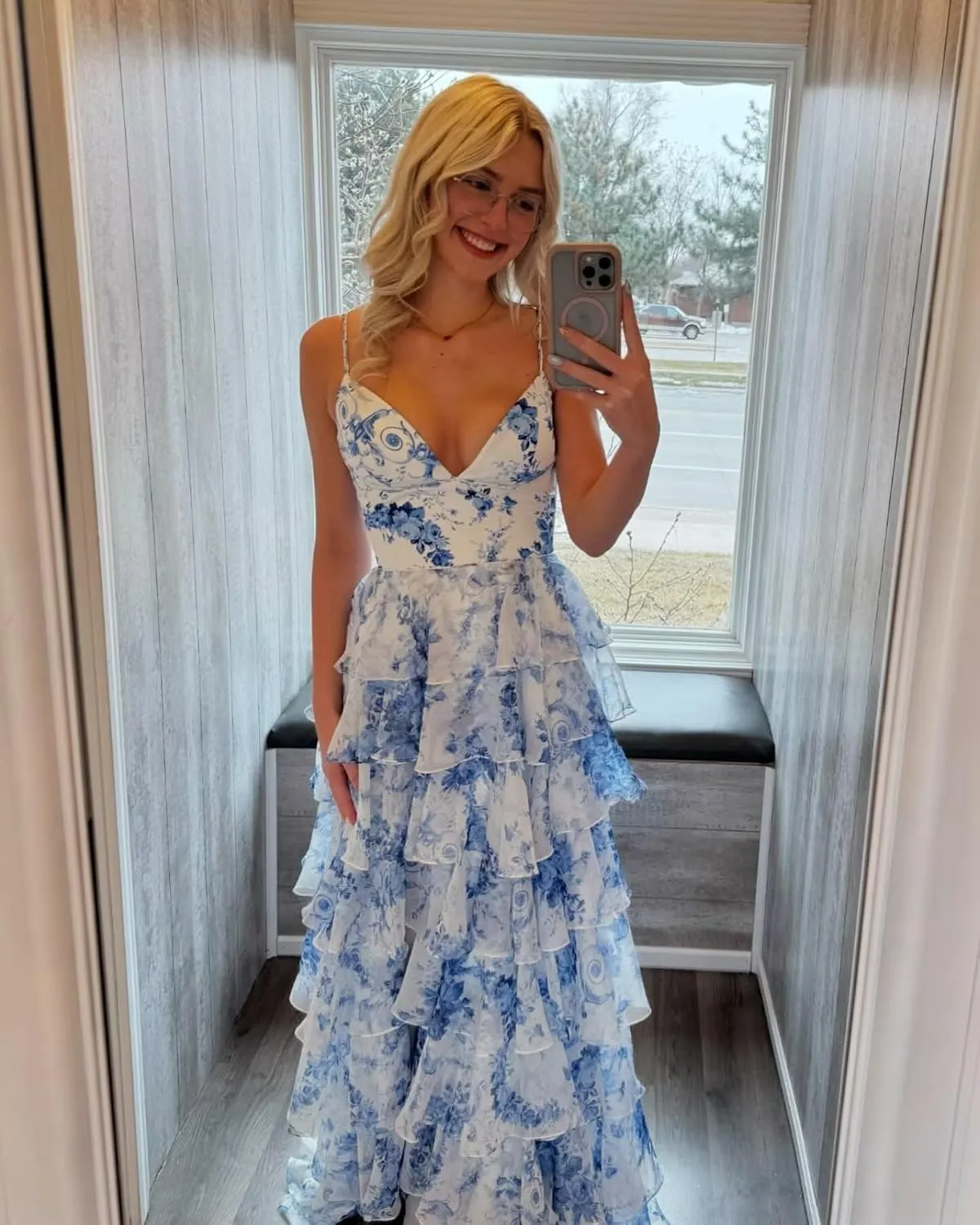 Spaghetti Straps Floral Prom Dresses V-Neck A Line Tiered Ball Gown Chiffon Formal Evening Dress for Women