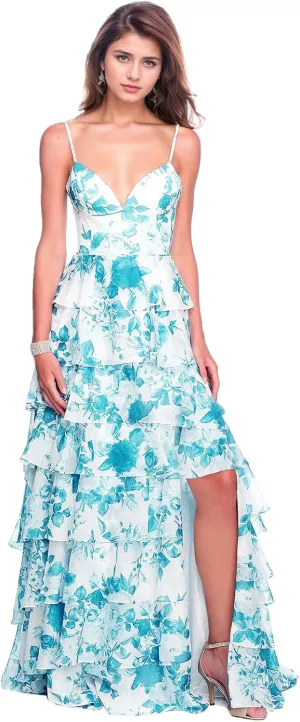 Spaghetti Straps Floral Prom Dresses V-Neck A Line Tiered Ball Gown Chiffon Formal Evening Dress for Women