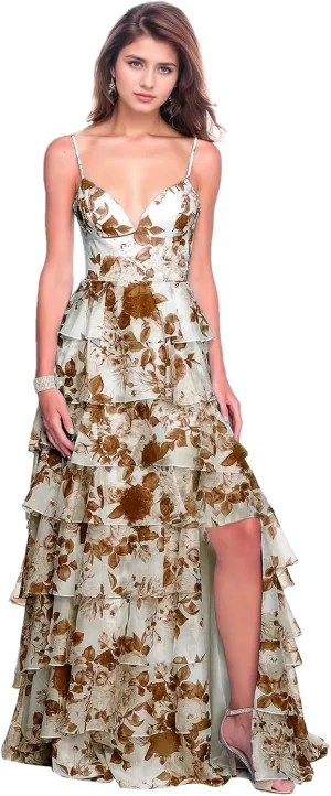 Spaghetti Straps Floral Prom Dresses V-Neck A Line Tiered Ball Gown Chiffon Formal Evening Dress for Women