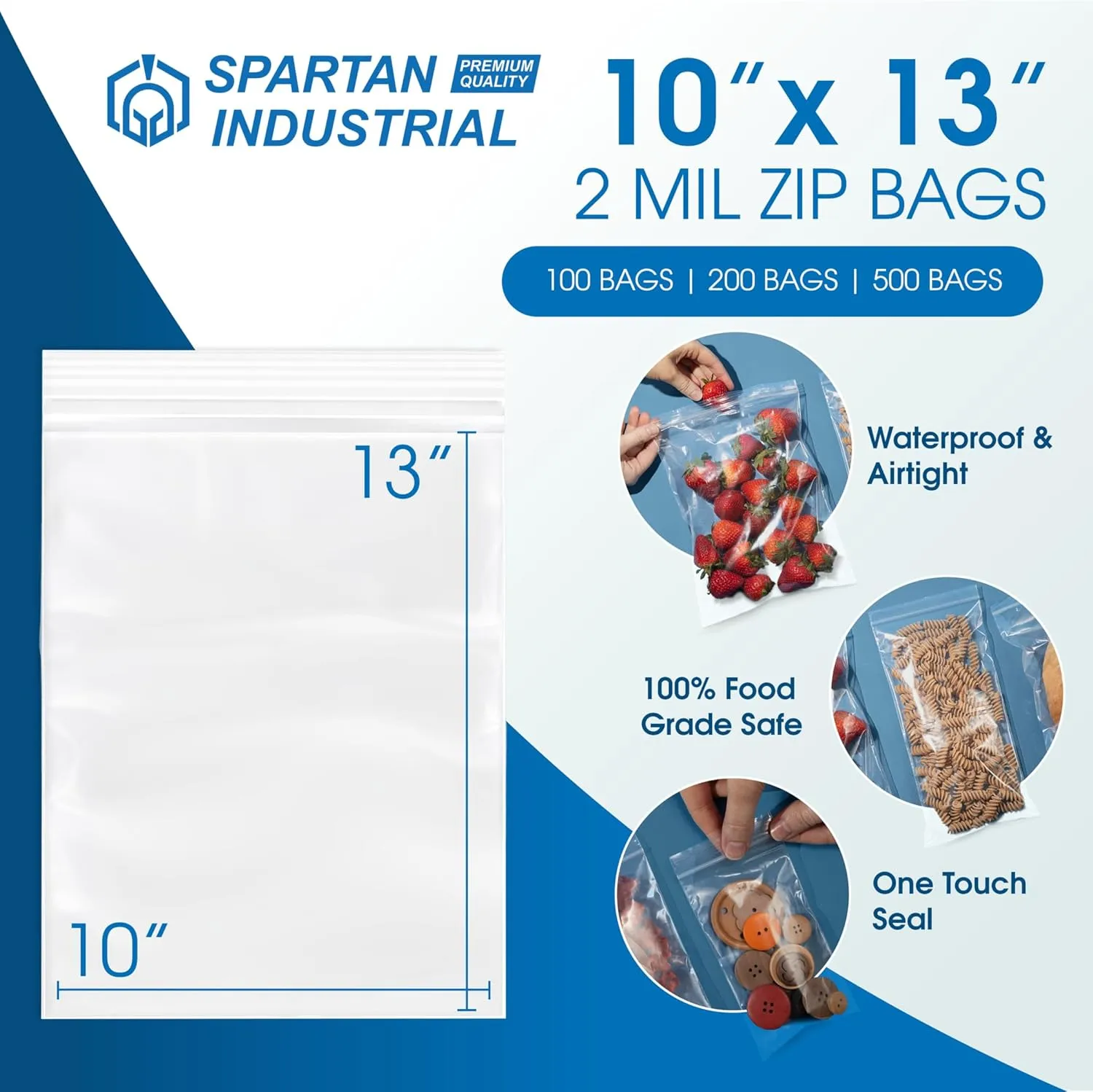 Spartan Industrial - 10 X 13 (500 Count) 2 Mil Clear Reclosable Zip Plastic Poly Bags with Resealable Lock Seal Zipper