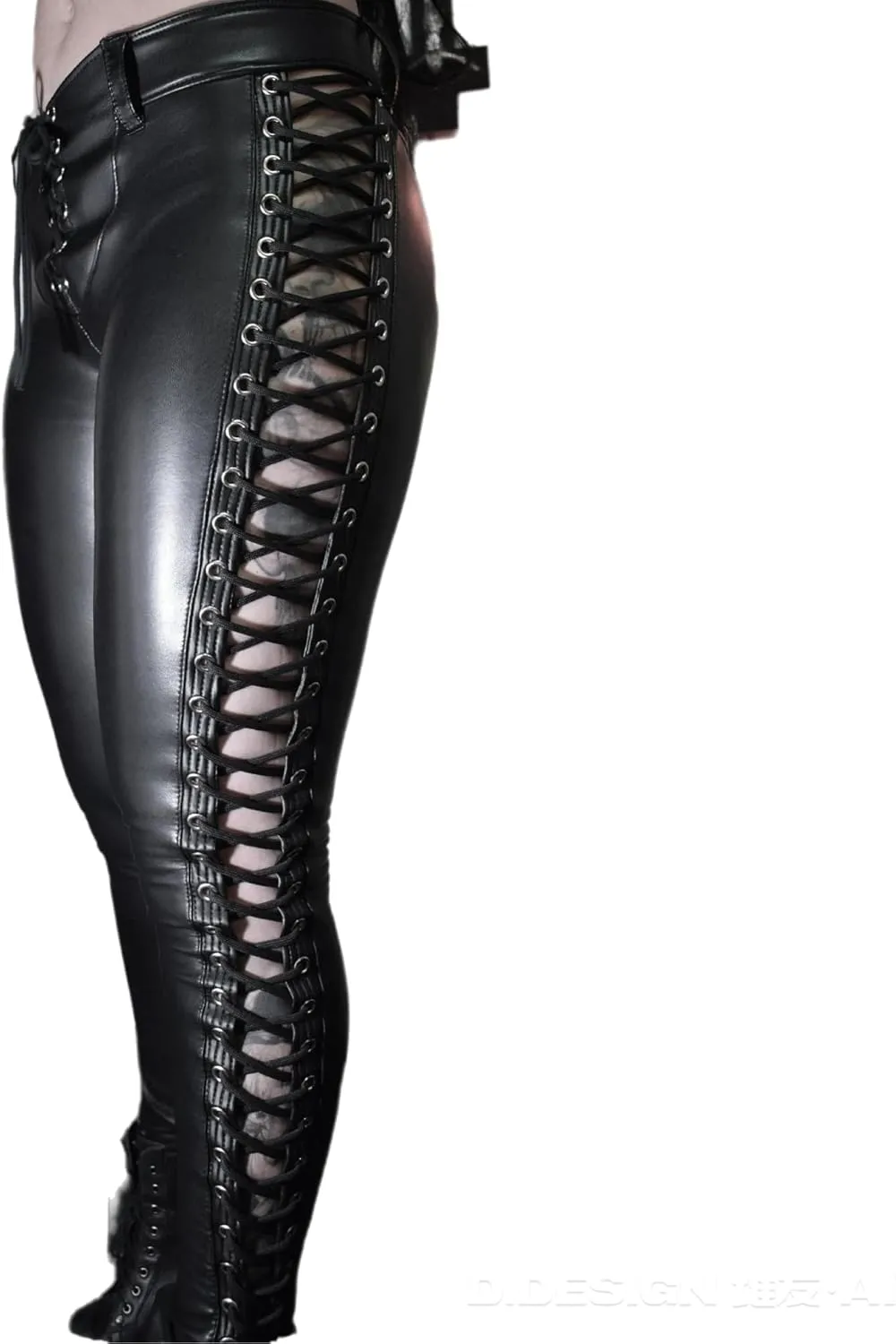 SPICYKISS Women's Lace Up Faux Leather Leggings Gothic Bandage Skinny Leggings Hollow Out Tight Pants