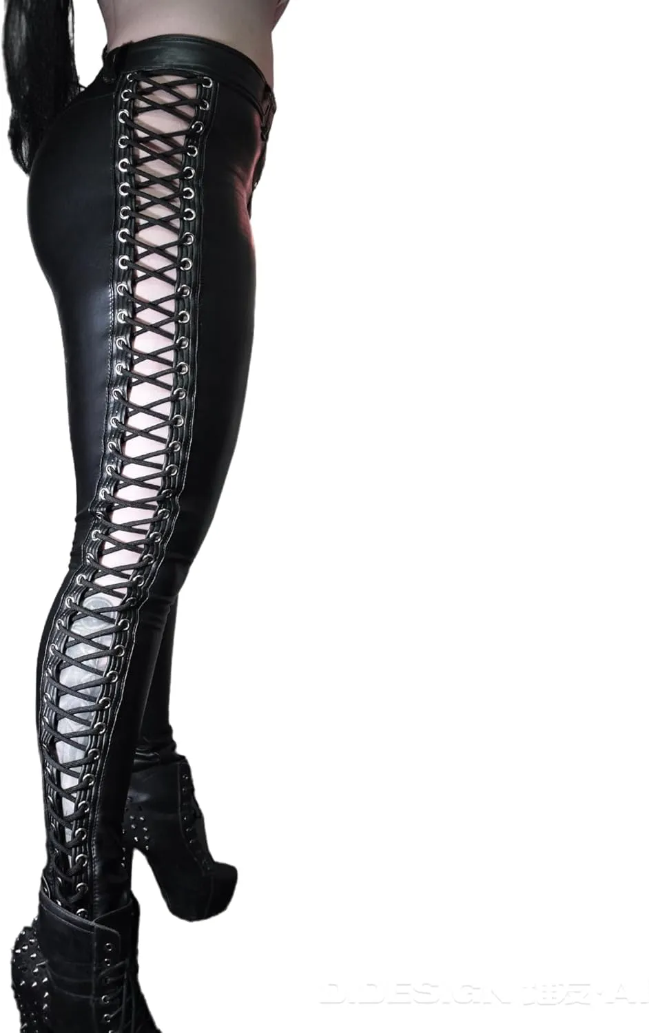 SPICYKISS Women's Lace Up Faux Leather Leggings Gothic Bandage Skinny Leggings Hollow Out Tight Pants