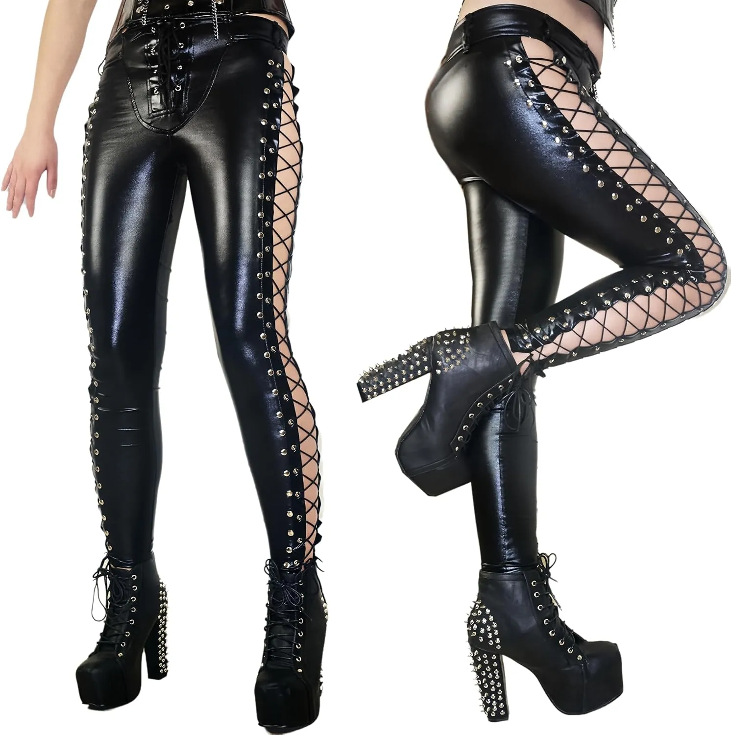 SPICYKISS Women's Lace Up Faux Leather Leggings Gothic Bandage Skinny Leggings Hollow Out Tight Pants