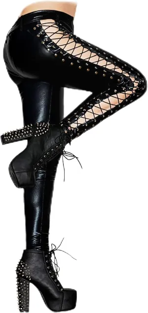 SPICYKISS Women's Lace Up Faux Leather Leggings Gothic Bandage Skinny Leggings Hollow Out Tight Pants