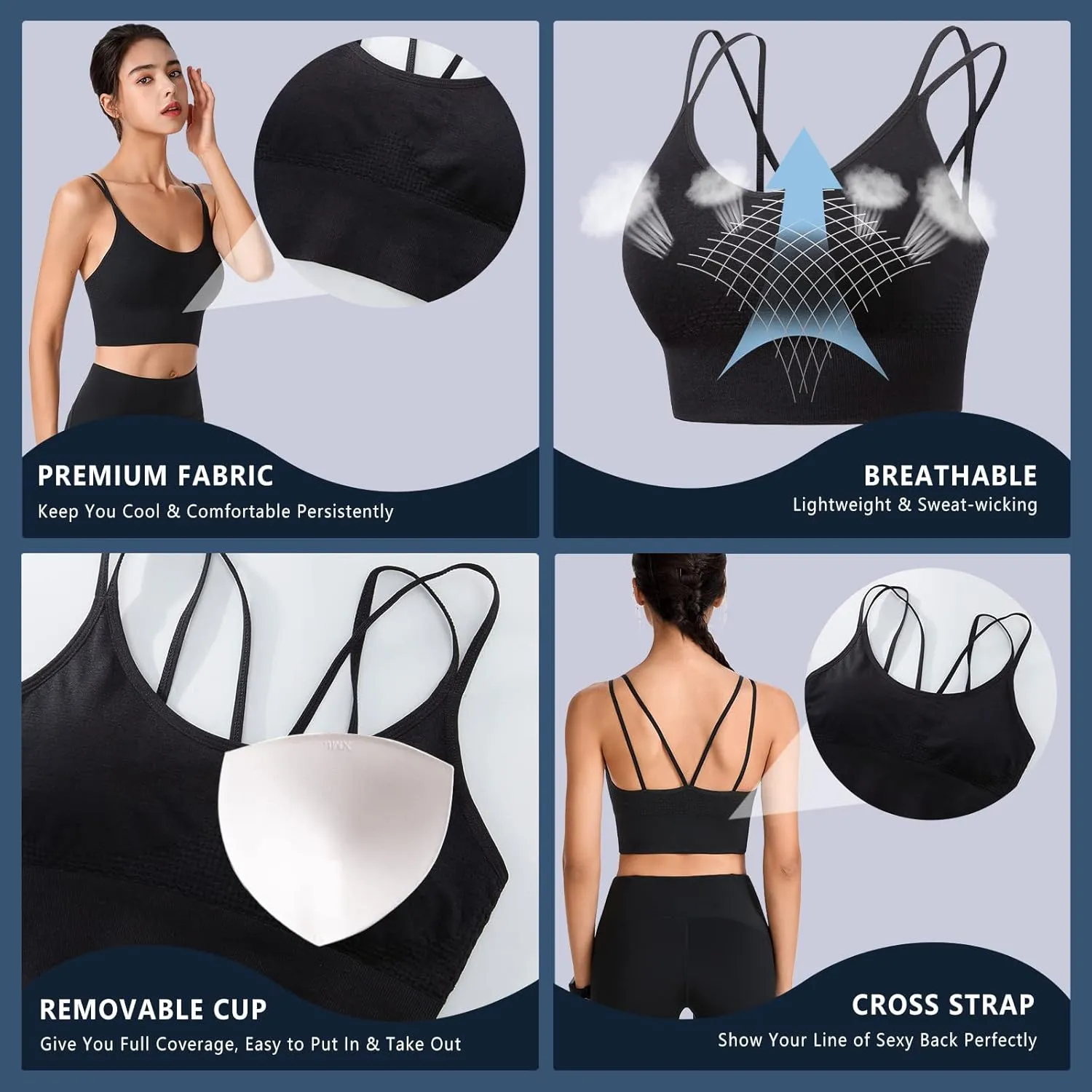 Sports Bra, Workout Tops for Women, Medium Impact Strappy Padded Sports Bras for Women High Support