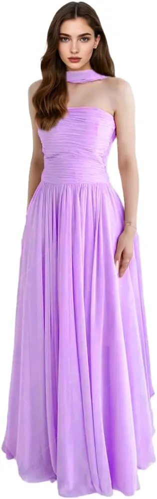 Strapless Evening Dresses for Women Chiffon A-line Draped Prom Party Gown