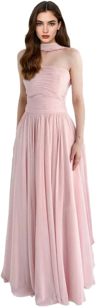 Strapless Evening Dresses for Women Chiffon A-line Draped Prom Party Gown