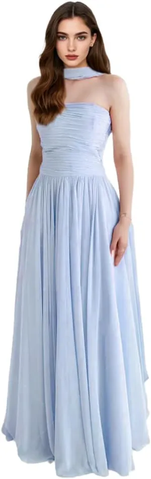 Strapless Evening Dresses for Women Chiffon A-line Draped Prom Party Gown
